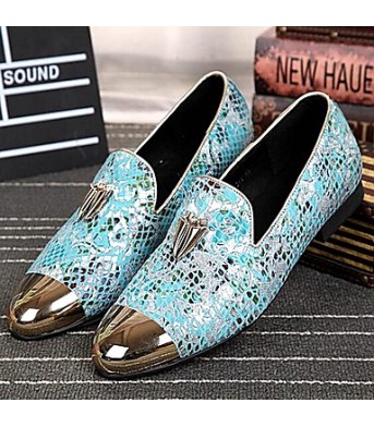   2016 Pure Manual Flash Novelty Wedding/Night Party Cowhide Leather Loafers Light Blue/Navy  